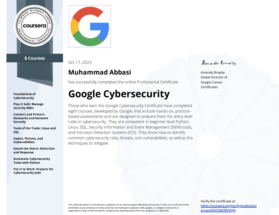 Google Cybersecurity Professional Certificate (Coursera, Oct 17, 2023)