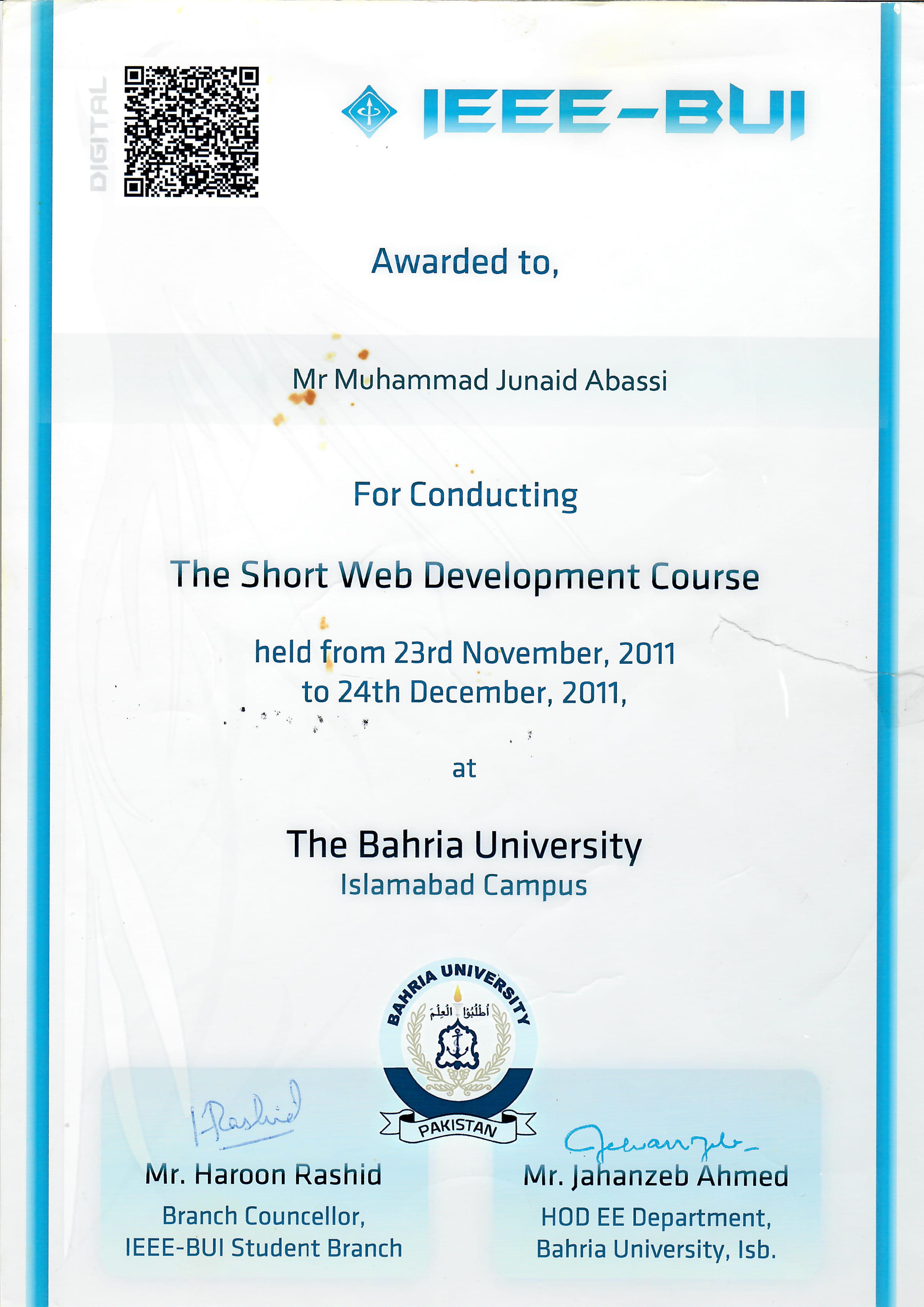 IEEE BUI certificate for conducting Short Web Development Course, 2011